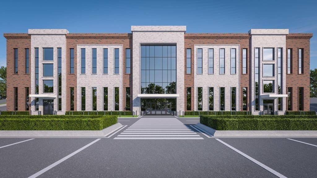 Rendering of a three-pavilion brick institutional building